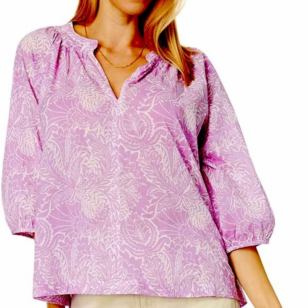 NWT Lilla P 3/4 sleeve split neck floral violet airy top L